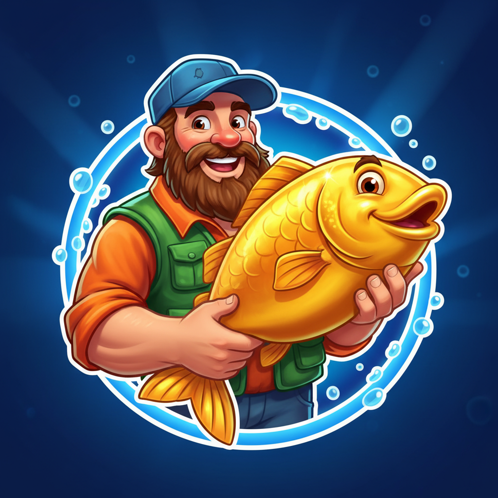 Fisherman Wild symbol - smiling man in green vest and orange shirt holding large golden fish
